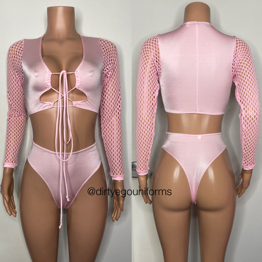 Net sleeve 2 pc with lace up top and high waist thong bottoms