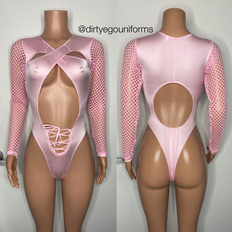 Cross chest and stomach tie with net sleeve bodysuit