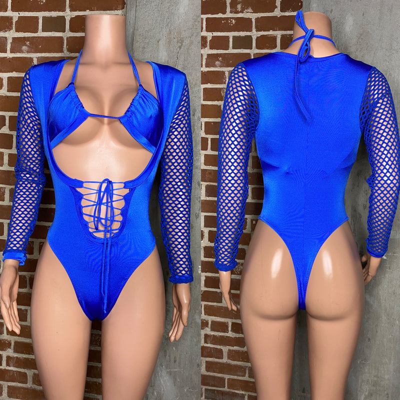 Net sleeve front lace up bodysuit with matching bikini top