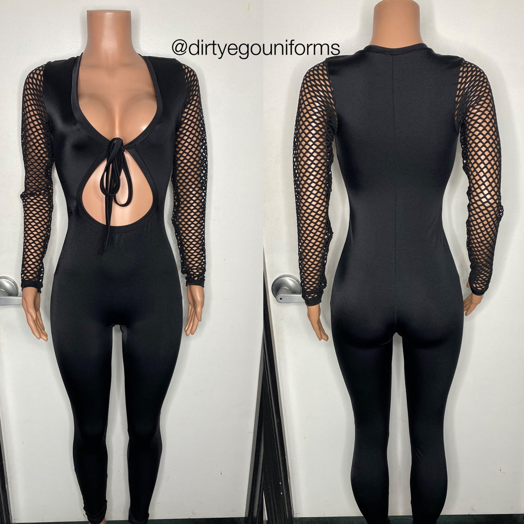 Front tie open stomach jumpsuit w/ net sleeves