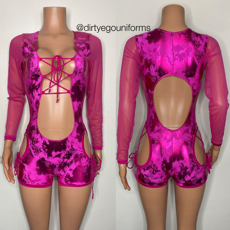 Cloud metallic lace top romper w/ open hips