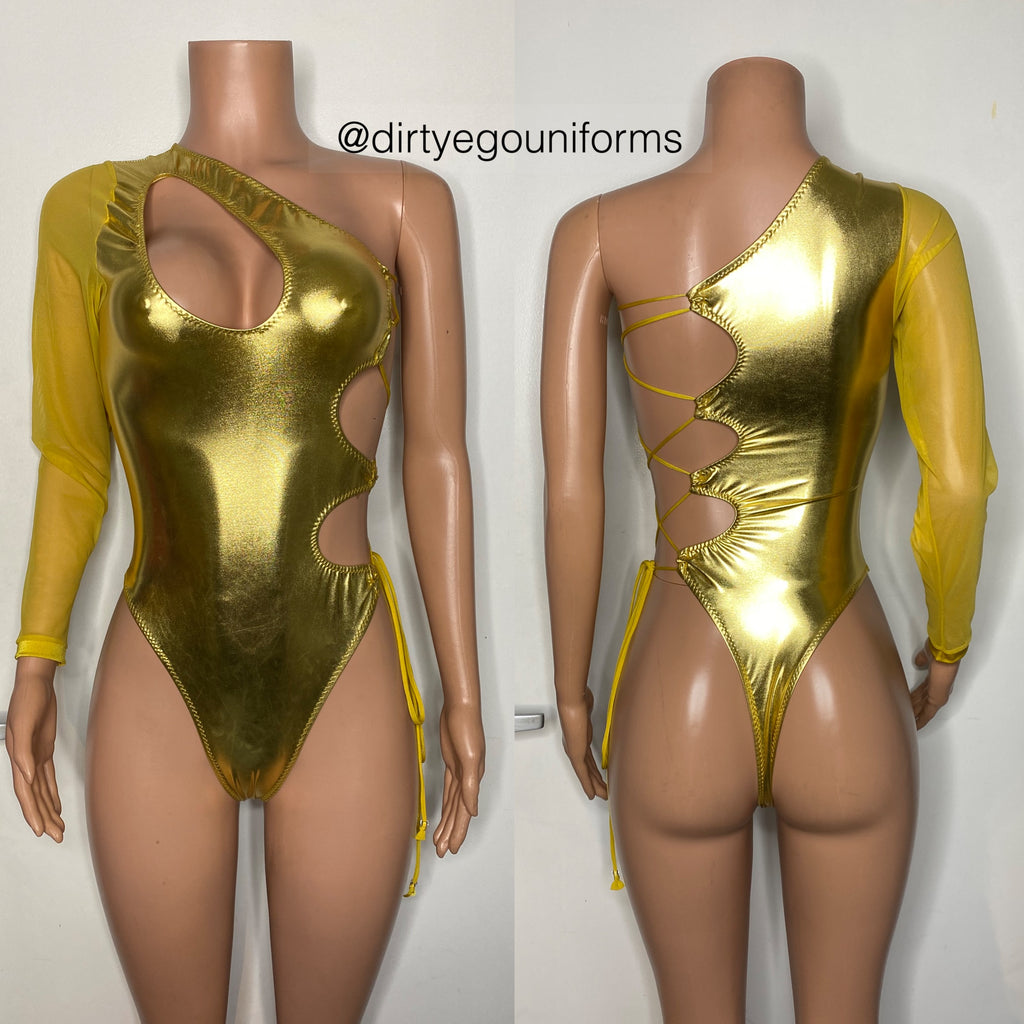 Metallic one sleeve side lace up bodysuit