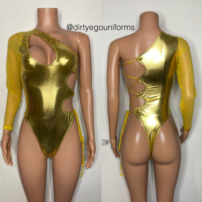 Metallic one sleeve side lace up bodysuit