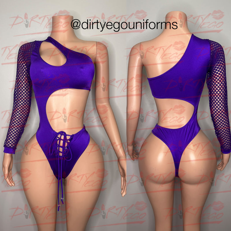 Net one sleeve open stomach leotard with tie bottom
