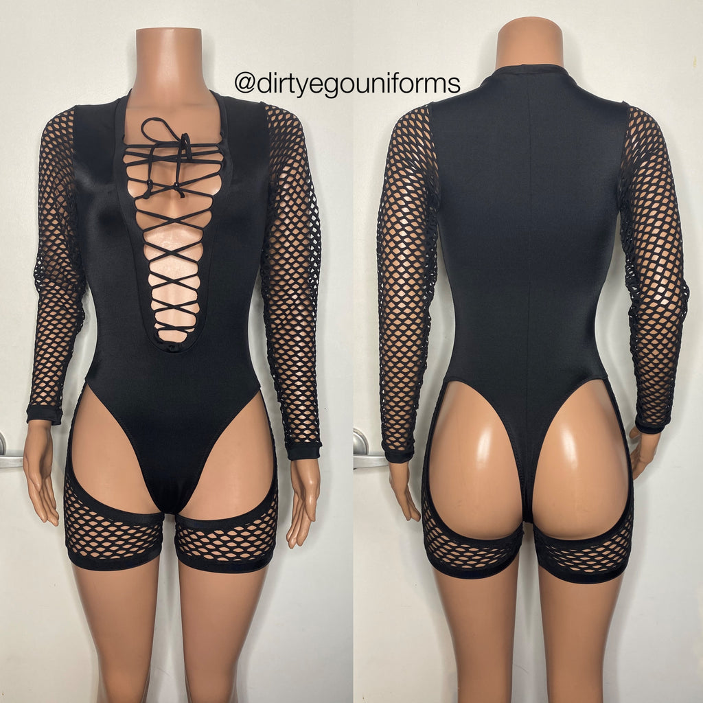 Net sleeve lace up bodysuit with net chaps shorts