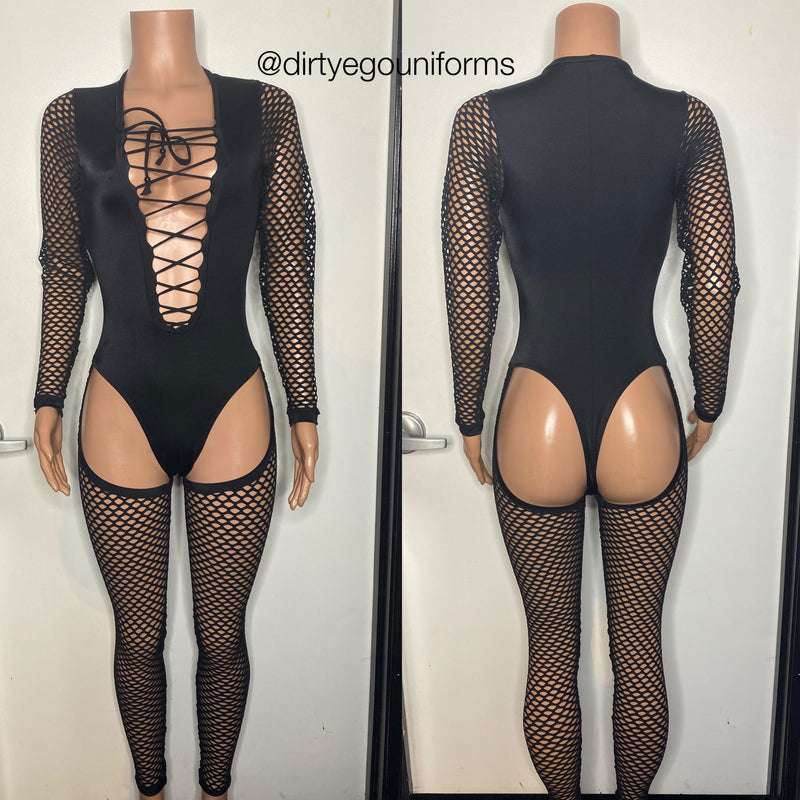 Net sleeve lace up bodysuit with net chaps pants