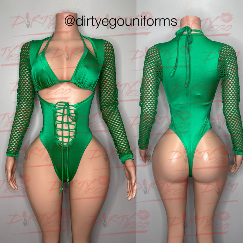 Net sleeve front lace up bodysuit with matching bikini top