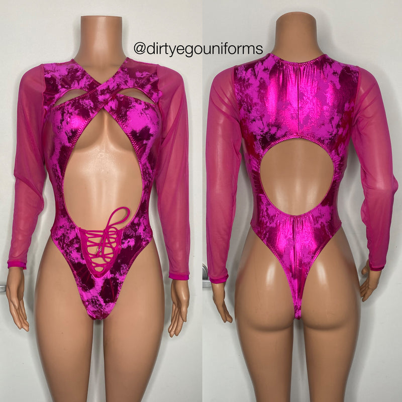 Cloud metallic cross top tie front leotard