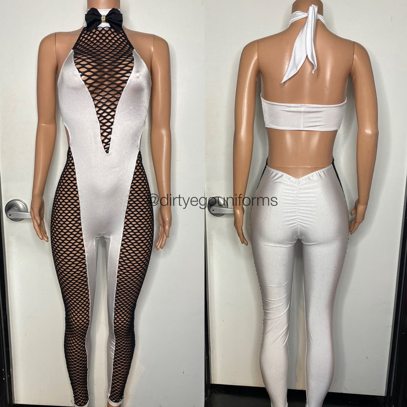 Tuxedo jumpsuit with net chest and legs w/ bow tie