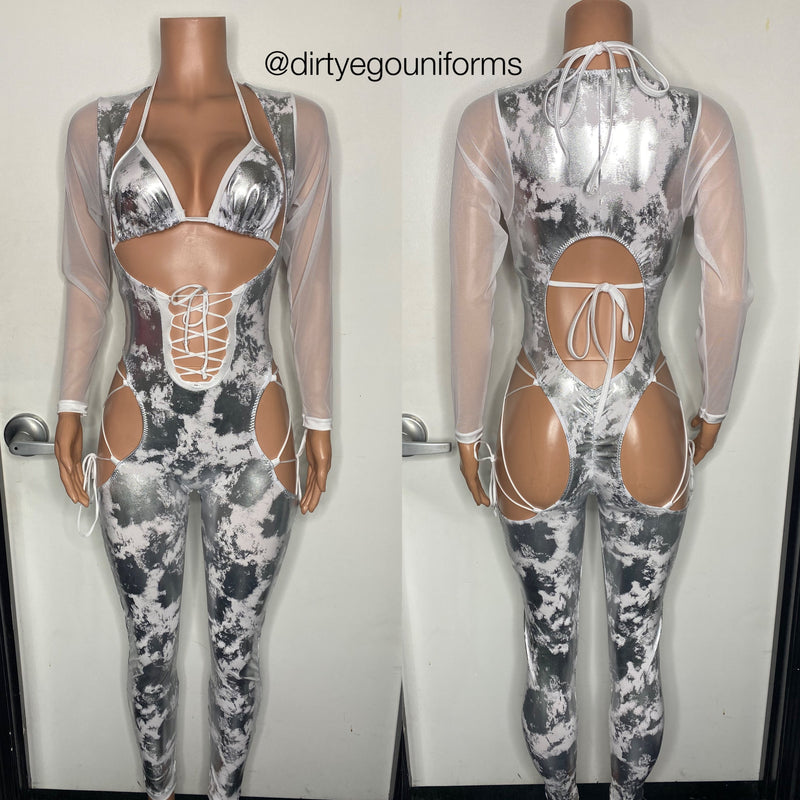 Cloud metallic lace up jumpsuit with open hips w/bikini top