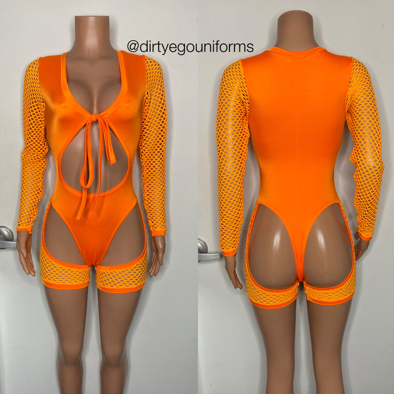 Tie front bodysuit with net arms and chaps