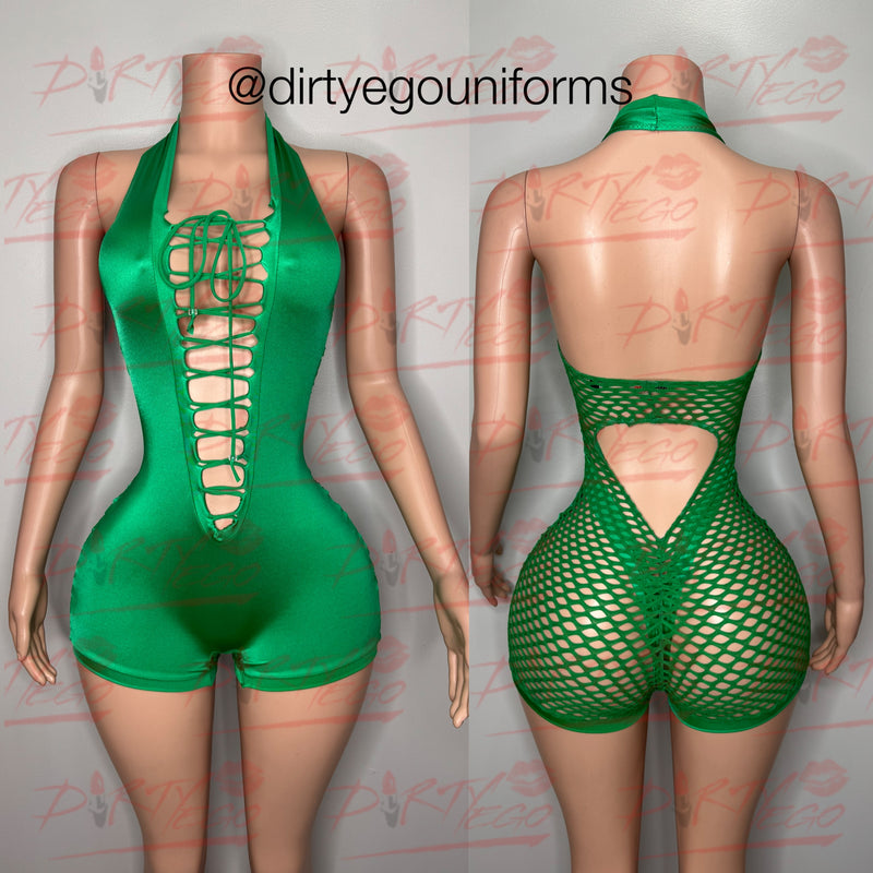 Lace up halter romper with full net back
