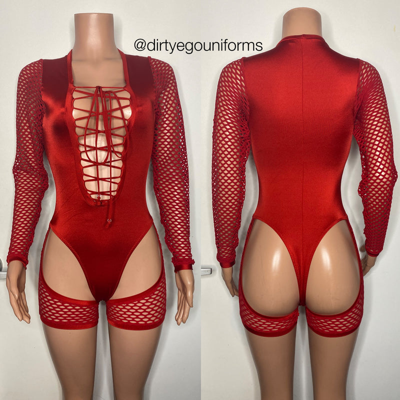 Net sleeve lace up bodysuit with net chaps shorts