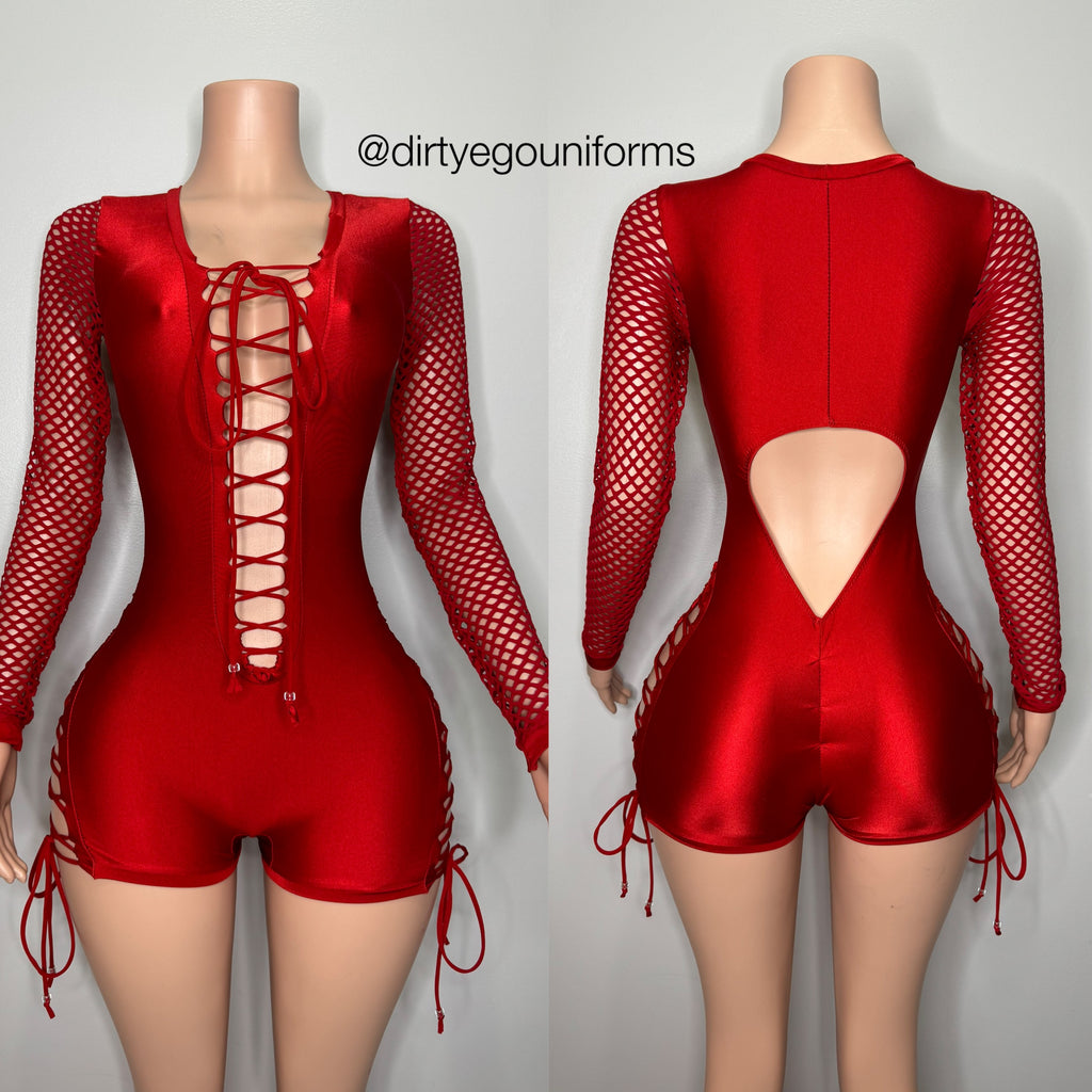 Side hip and front lace romper w/net sleeves