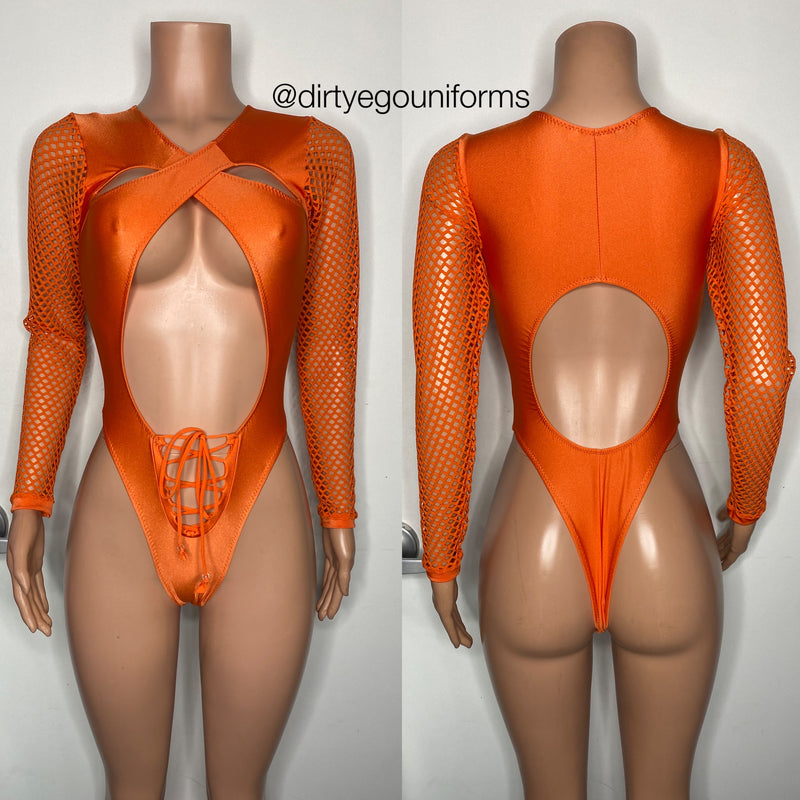 Cross chest and stomach tie with net sleeve bodysuit