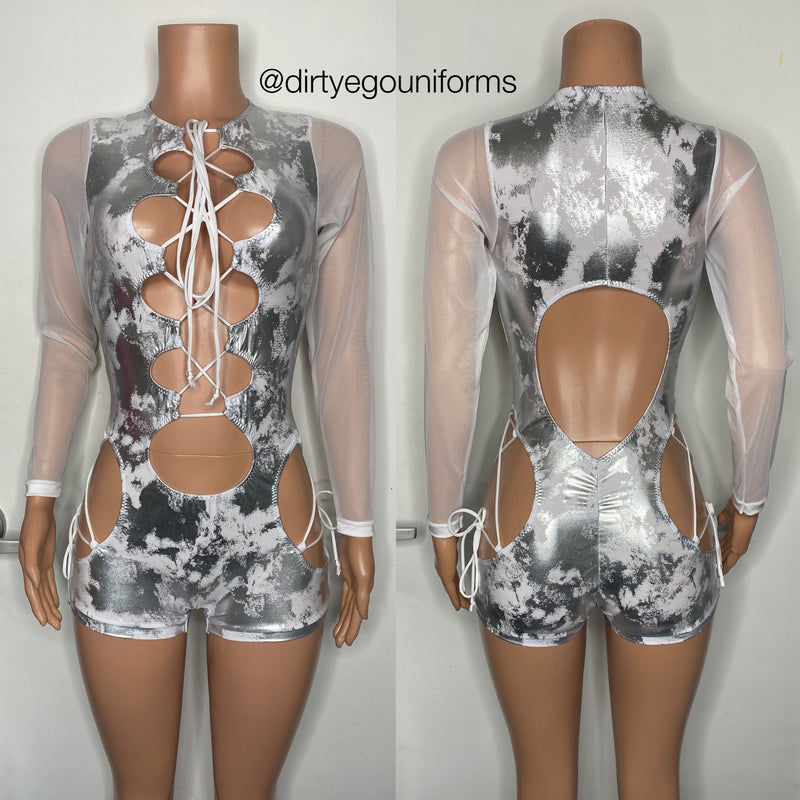 Cloud metallic multi lace romper w/open hips
