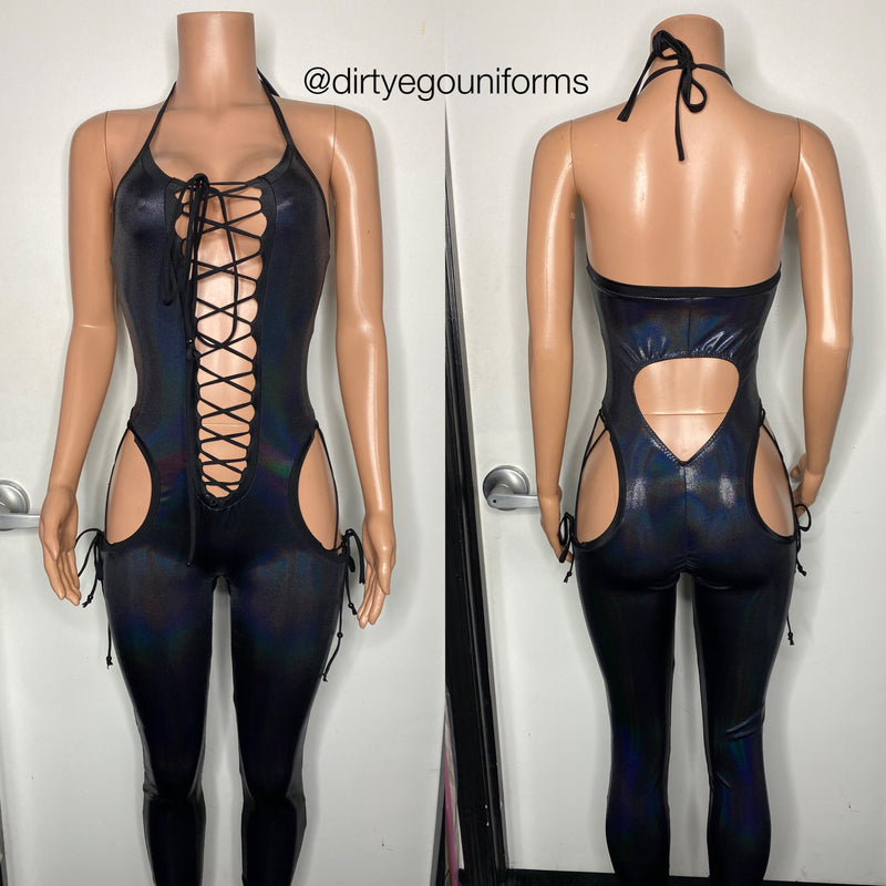 Deep lace halter jumpsuit with open hips