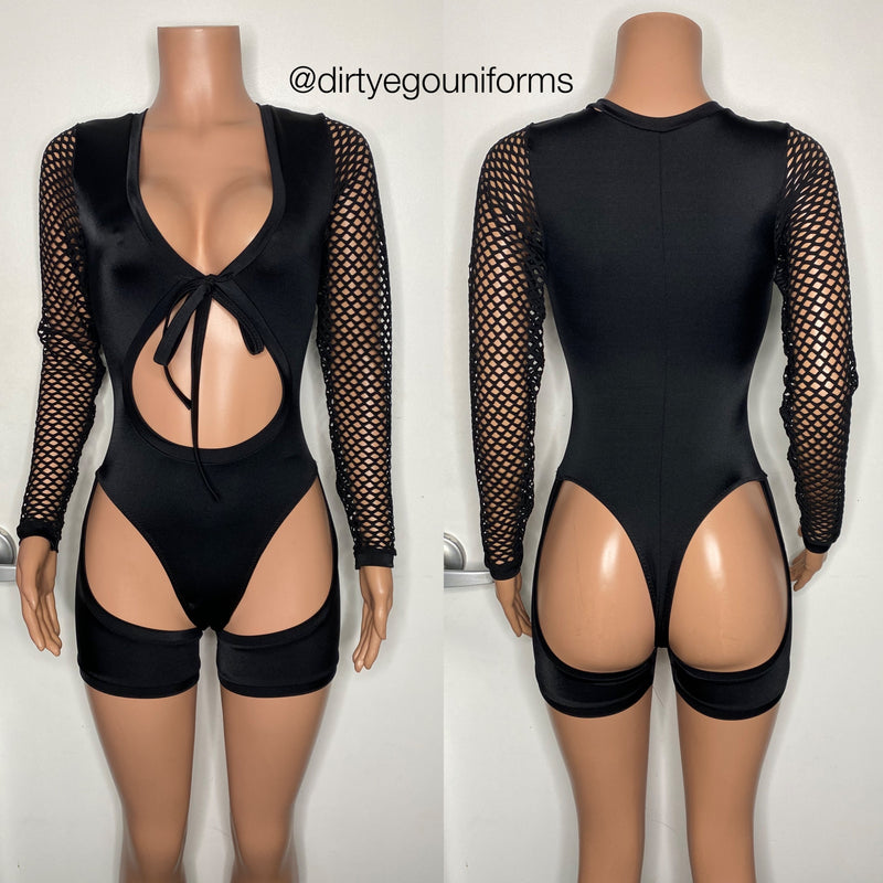 Tie front bodysuit with solid chaps