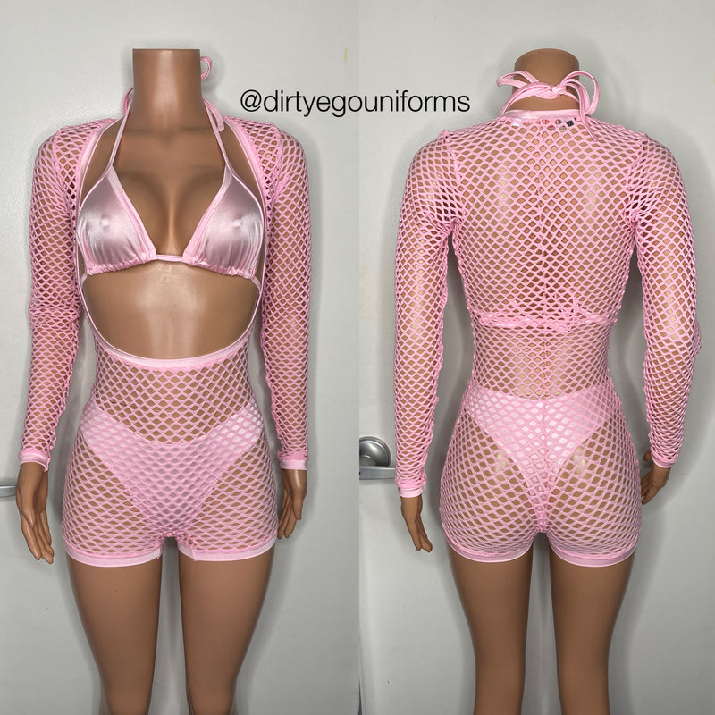 All net romper w/bikini top and bottoms