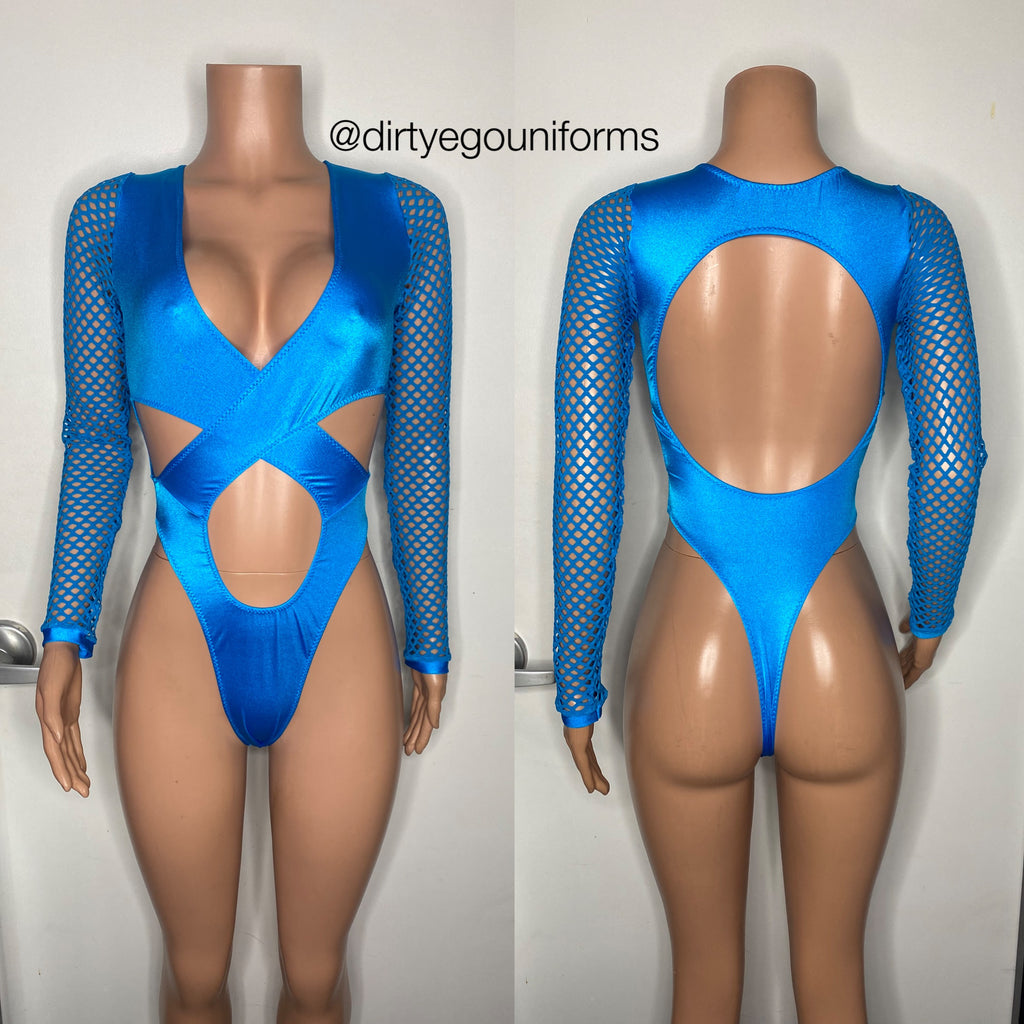 Cross front open back bodysuit with net sleeves