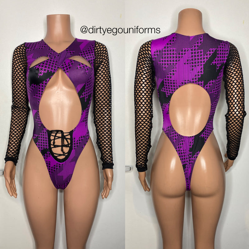 Houndstooth cross front lace bottom bodysuit
