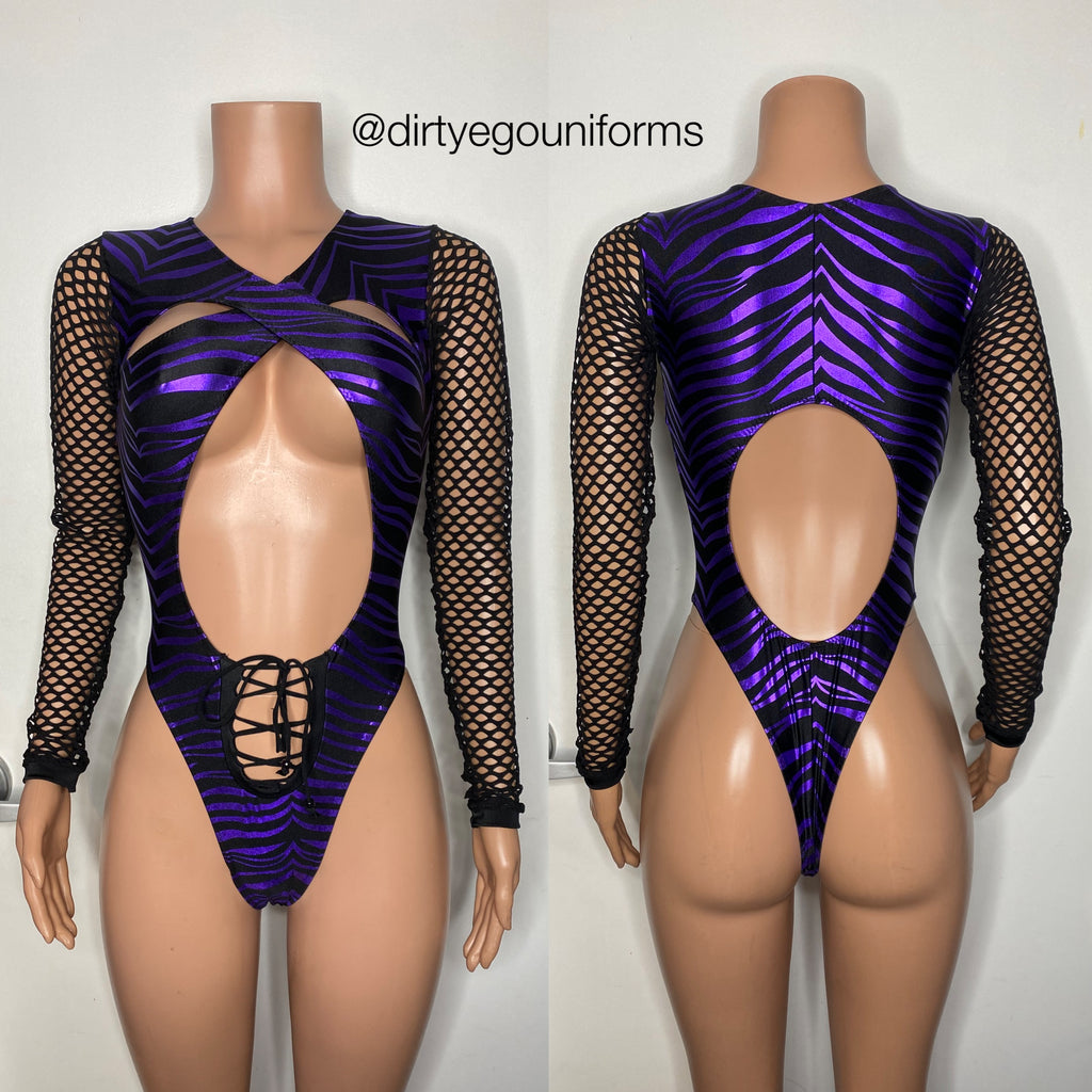 Zebra/Tiger cross front bodysuit with tie stomach