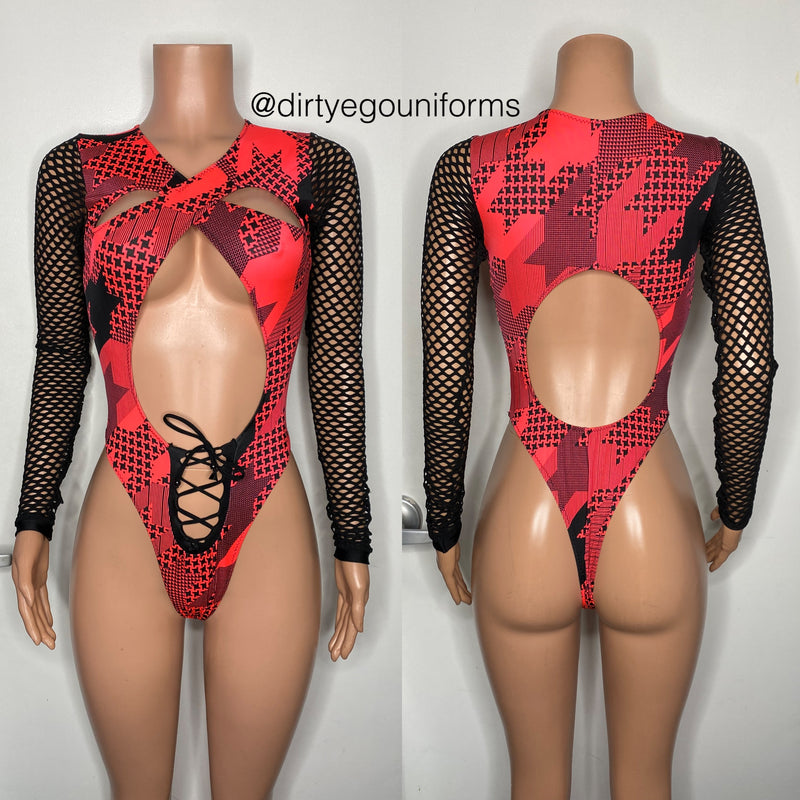 Houndstooth cross front lace bottom bodysuit