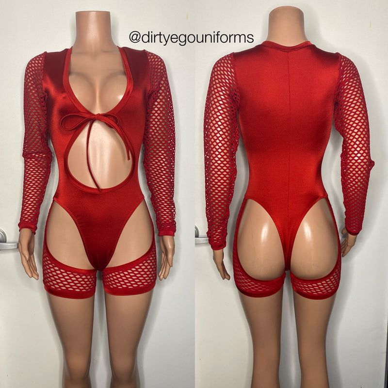 Tie front bodysuit with net arms and chaps