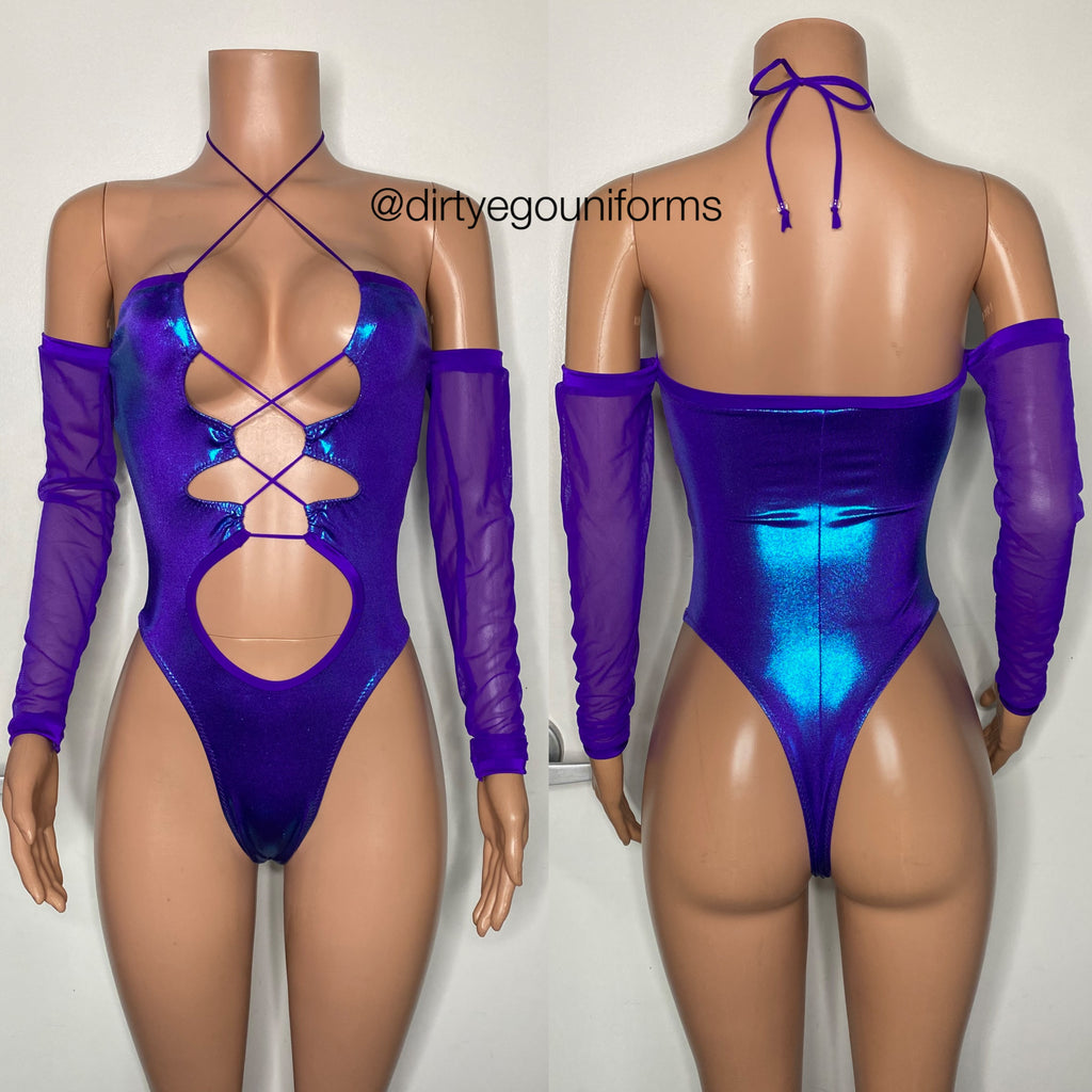 Iridescent bandeau bodysuit with mesh sleeves