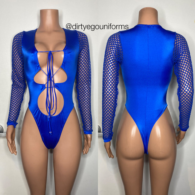 Solid color net sleeve bodysuit with lace up front and thong back