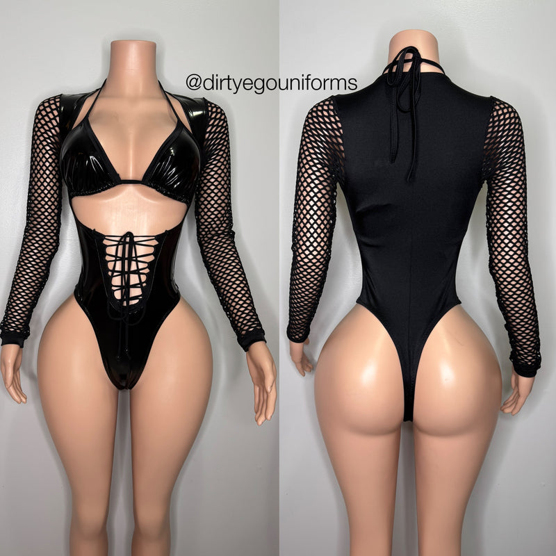 Net sleeve latex bodysuit with matching bikini top