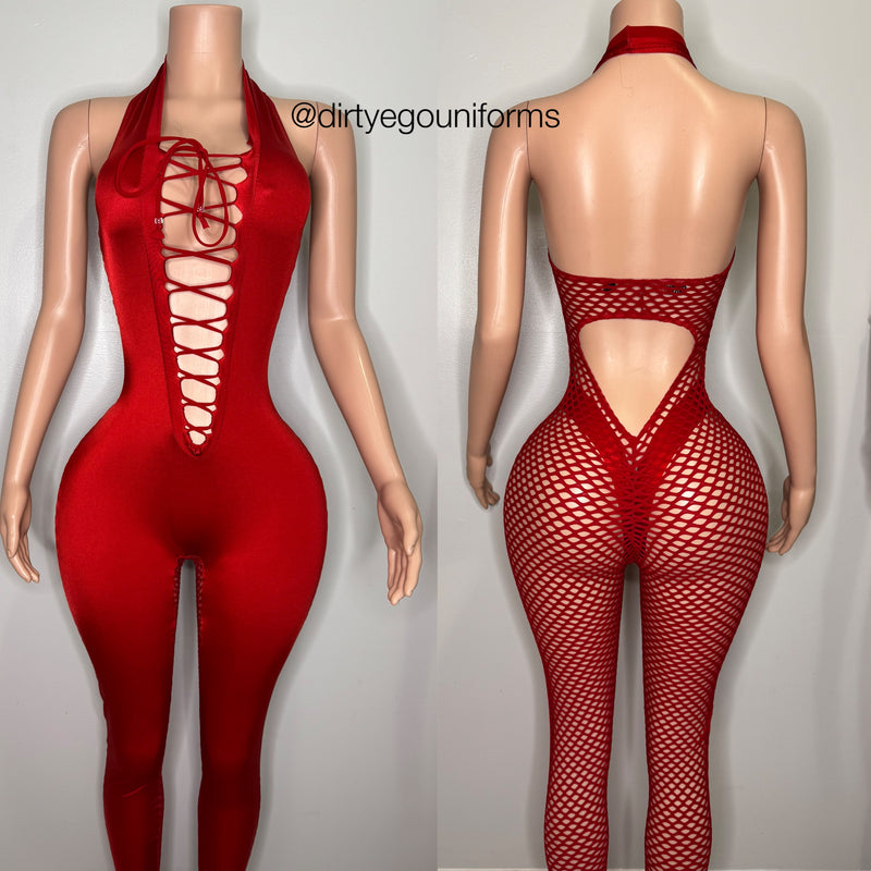 Lace front halter jumpsuit with full net back