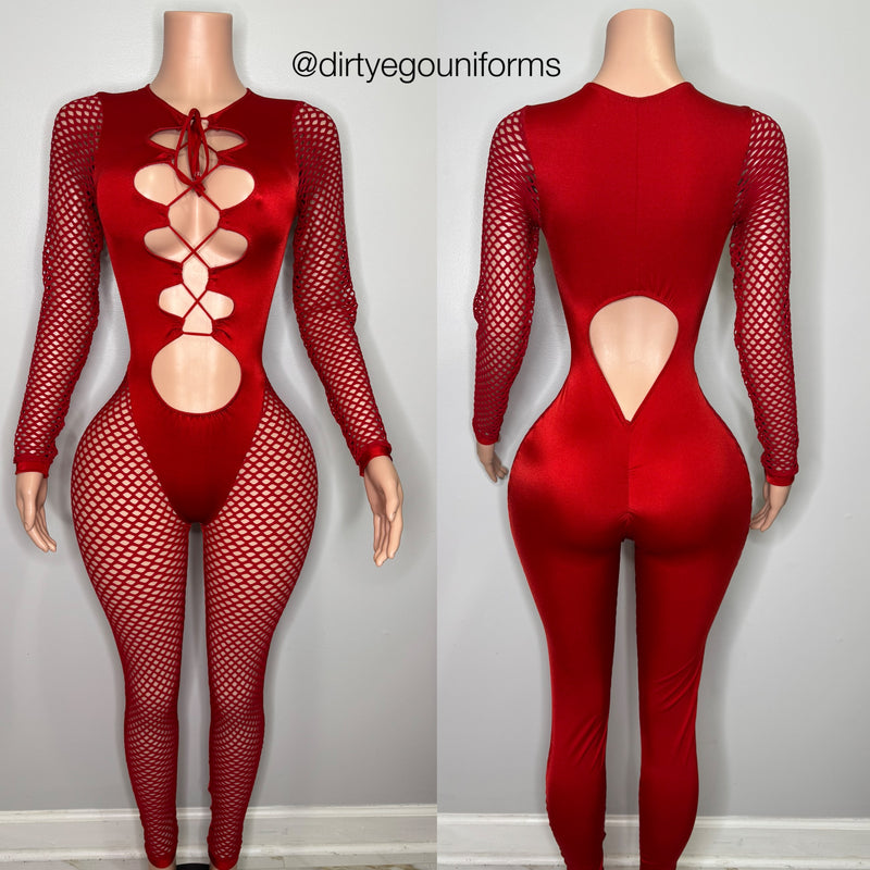 Multi lace front jumpsuit w/ net arms and leg front