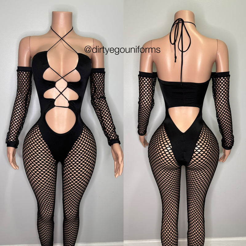 Net sleeve and leg bandeau top jumpsuit