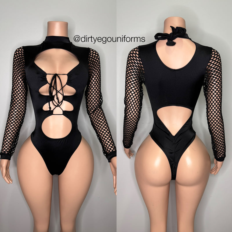 Triple lace neck tie leotard w/ net sleeves