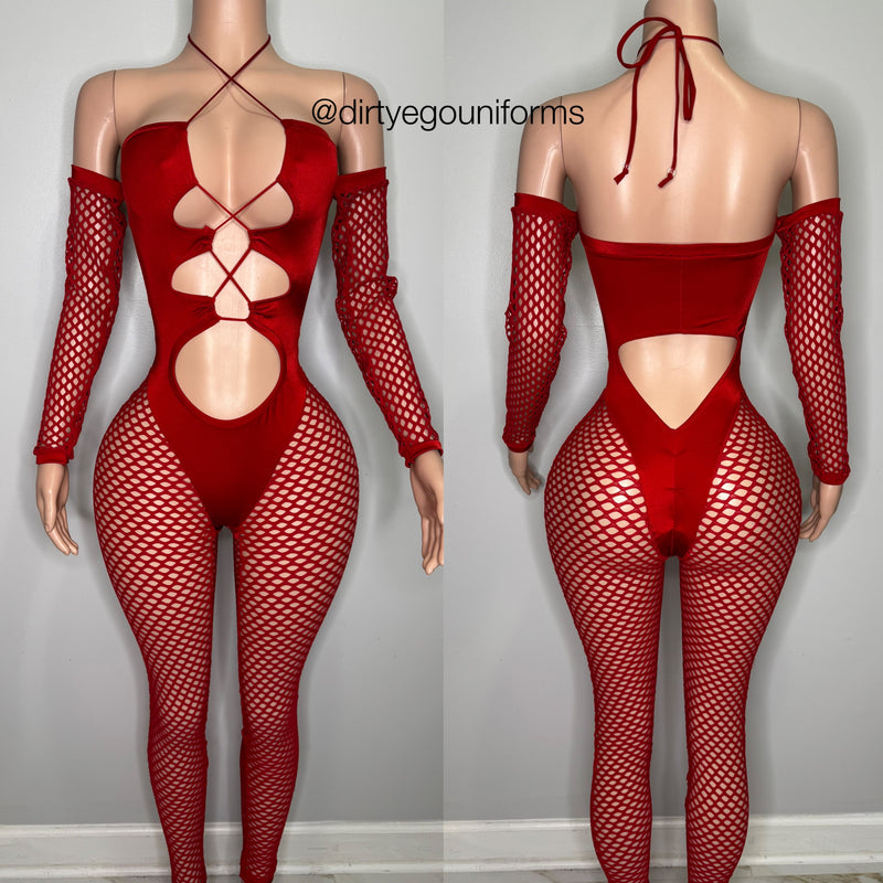 Net sleeve and leg bandeau top jumpsuit