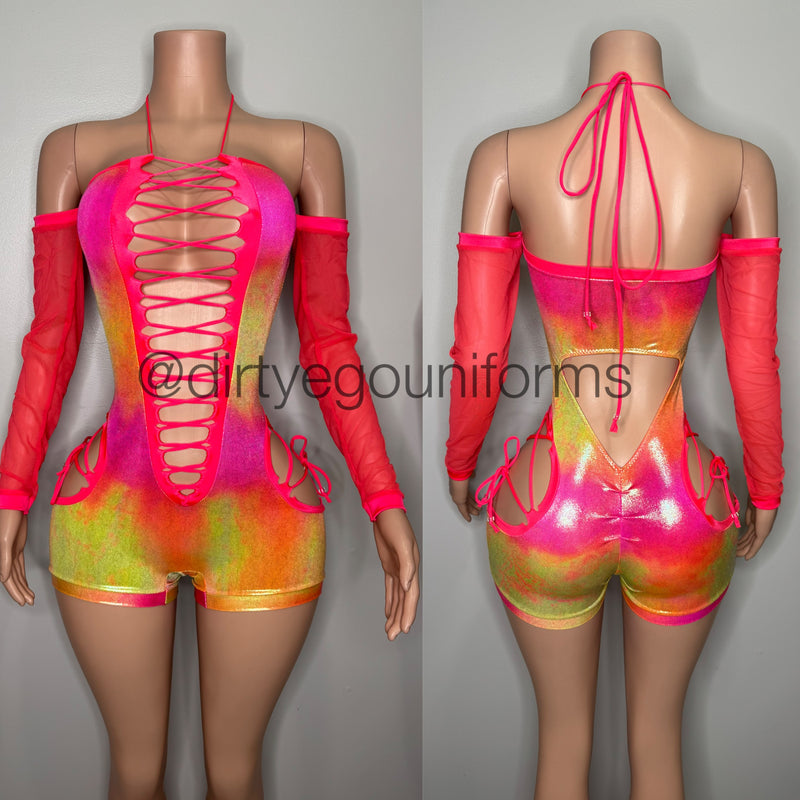 Tie Dye Deep plunge lace up romper