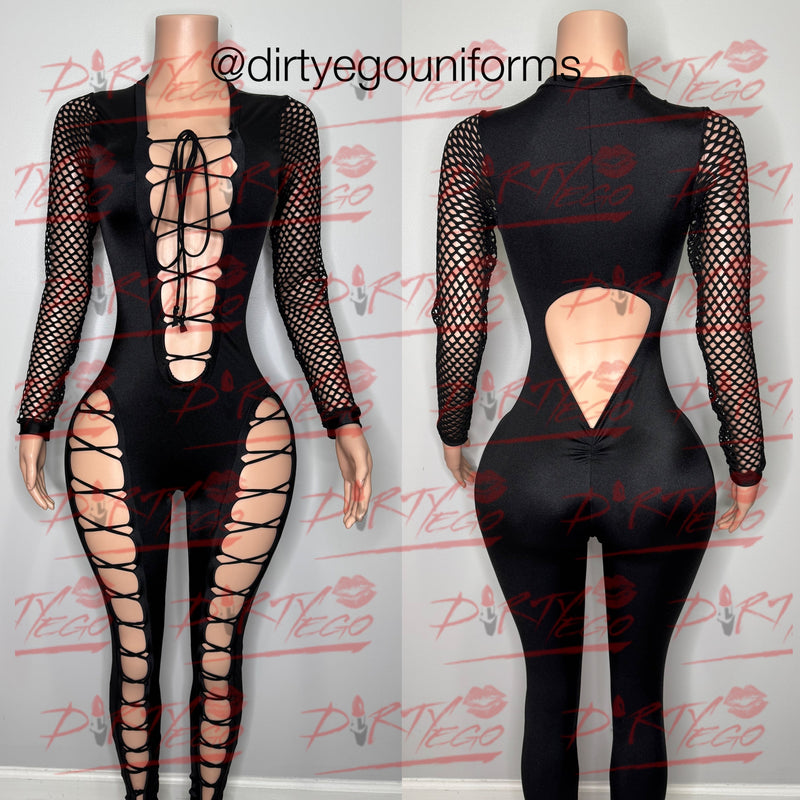 Lace up jumpsuit on chest and legs w/net sleeves
