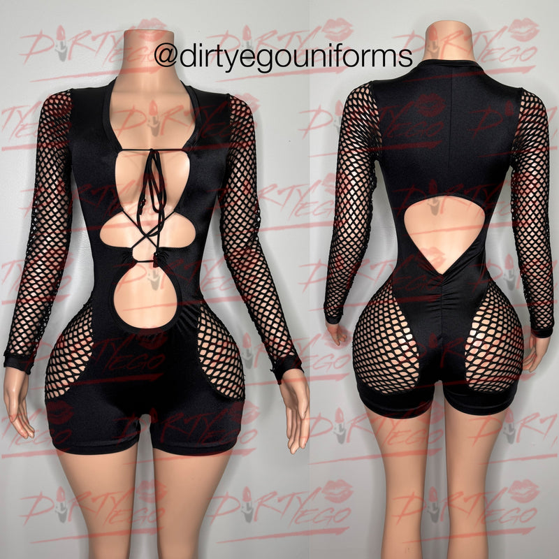 Double lace up net hip and butt romper
