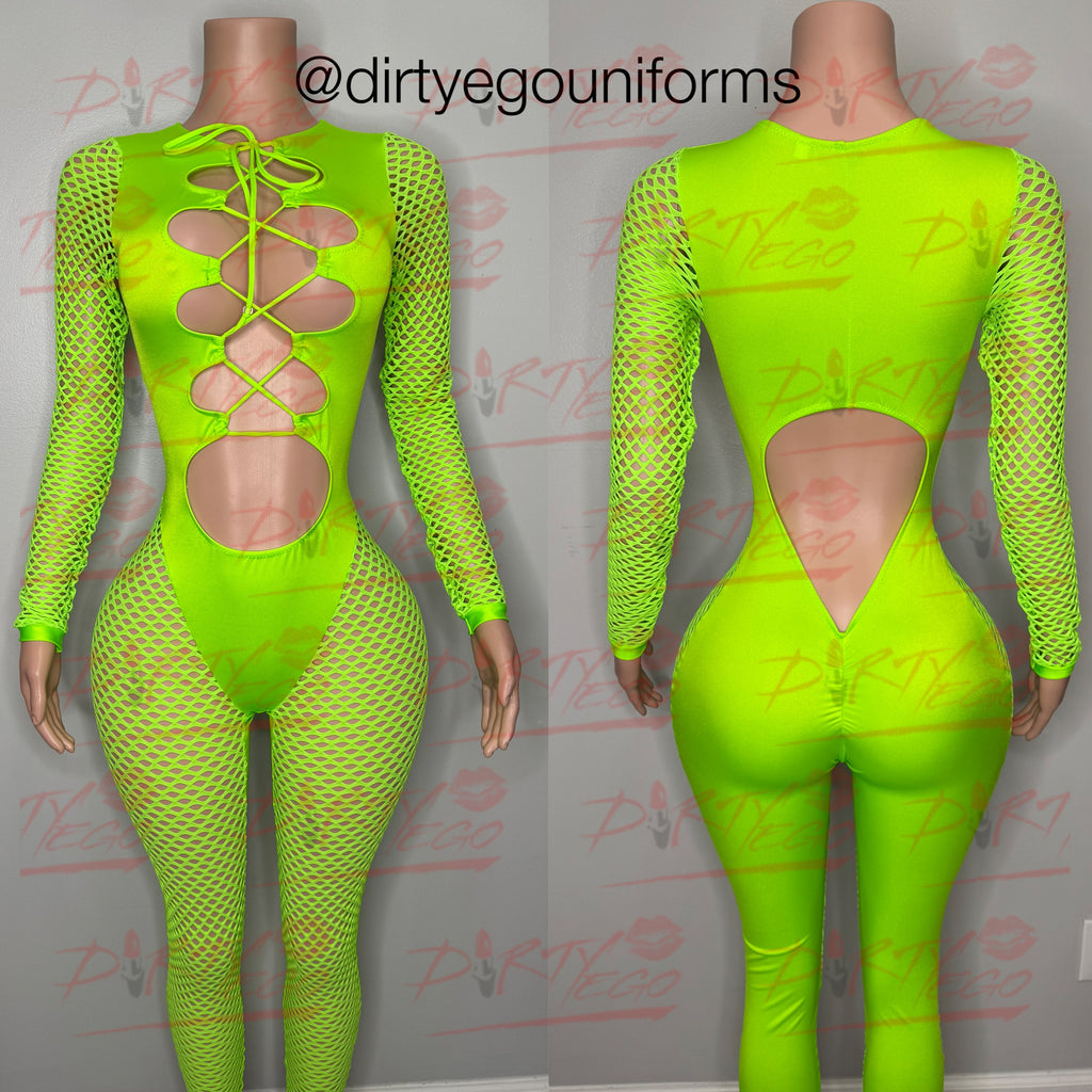 Multi lace front jumpsuit w/ net arms and leg front