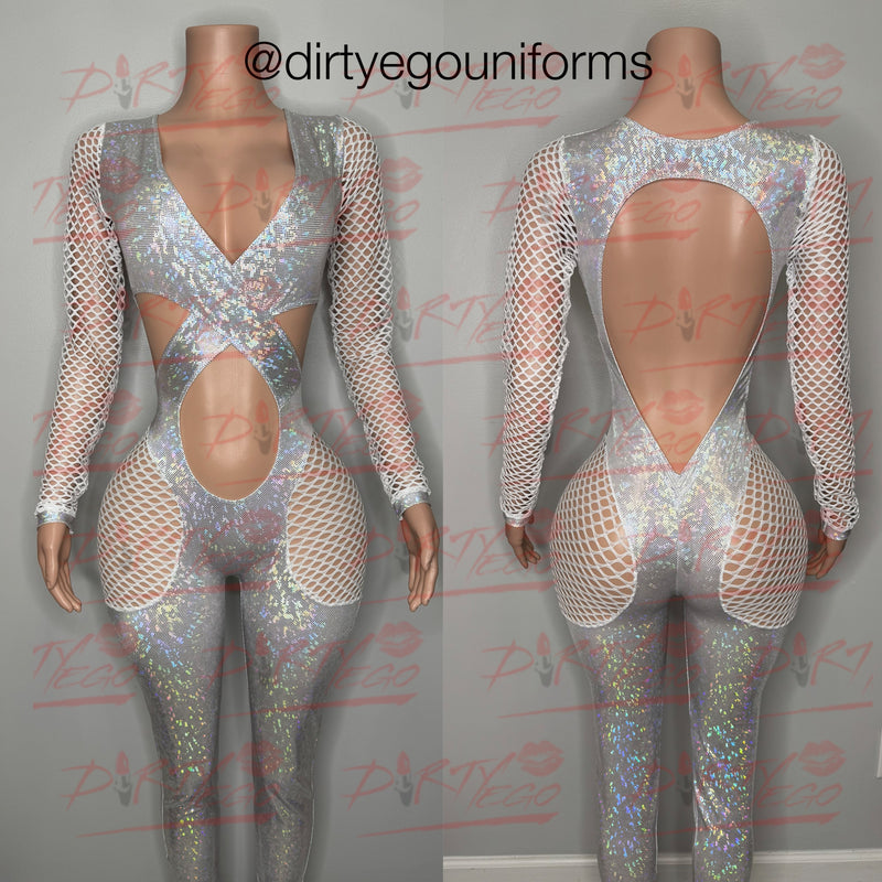 Eve-Shattered jumpsuit/net sleeves