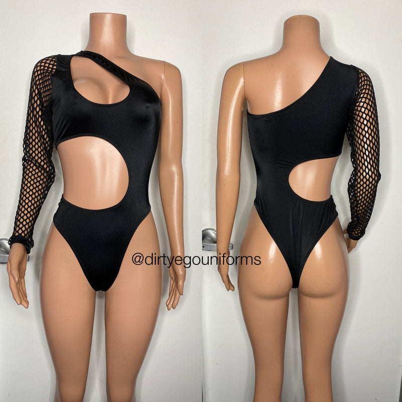 Net one sleeve open chest and stomach bodysuit