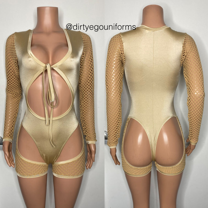 Tie front bodysuit with net arms and chaps