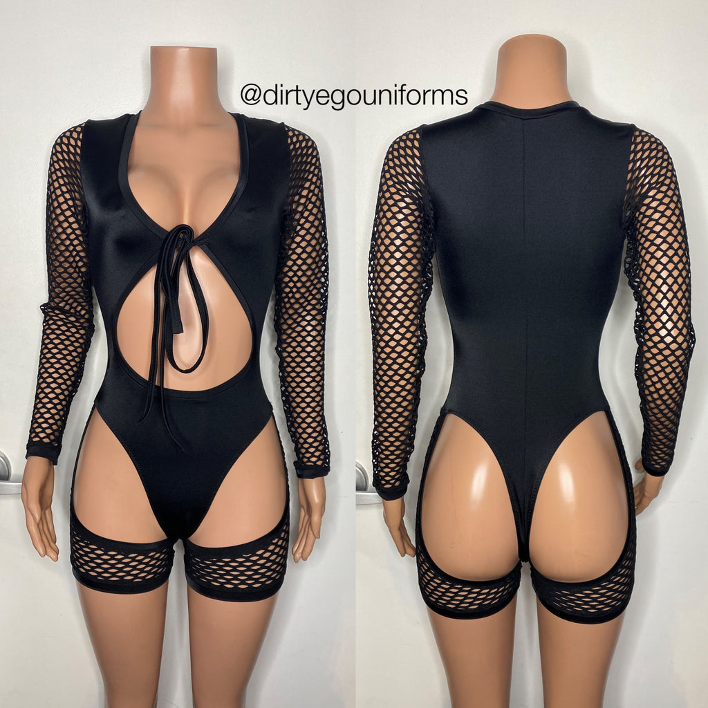 Tie front bodysuit with net arms and chaps