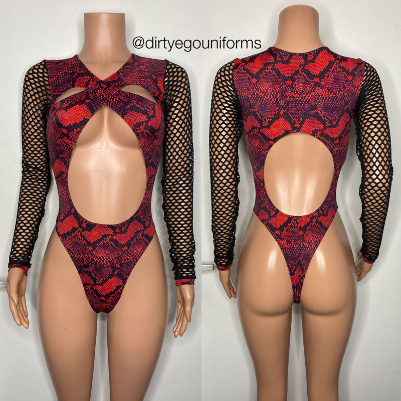 Cross top snakeskin bodysuit with net arms