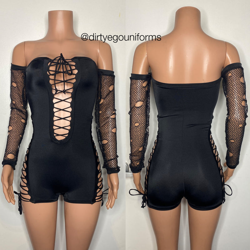 Front and side lace up bandeau romper w/distressed fishnet sleeves