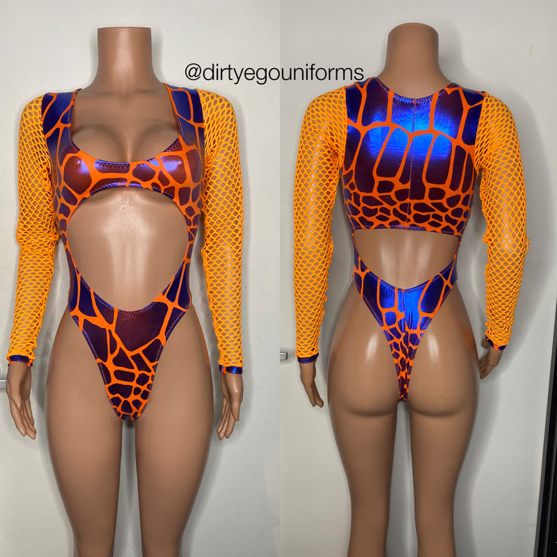 Giraffe print open stomach and back bodysuit