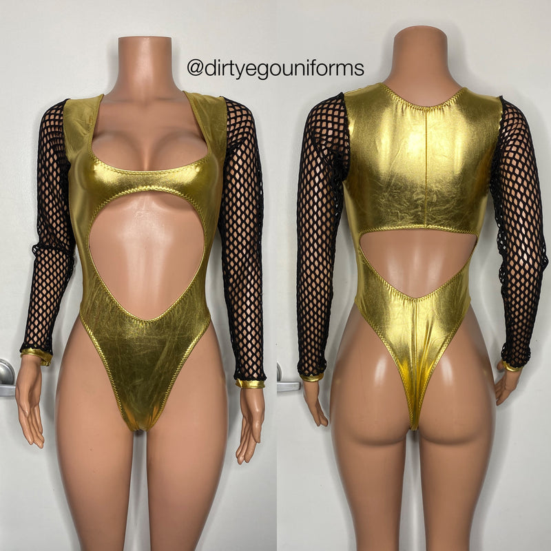 Metallic net sleeve bodysuit w/ open stomach and back