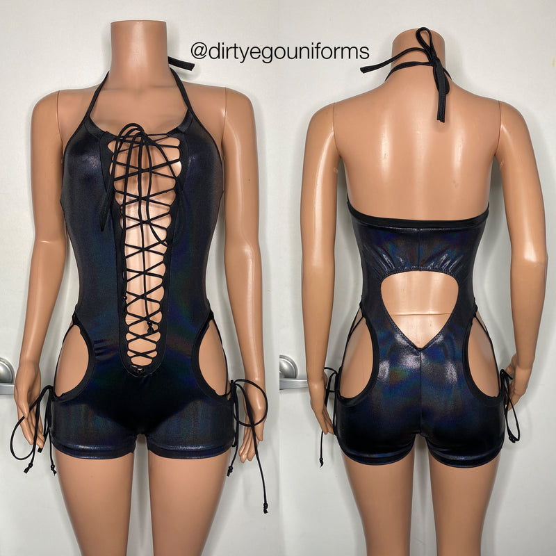 Plunge lace up halter romper
