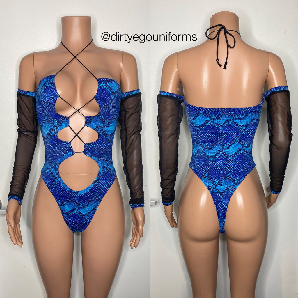 Bandeau snakeskin bodysuit w/mesh sleeves